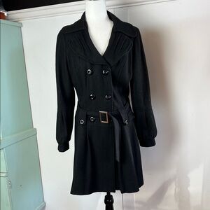 Black Double-Breasted Belted Ruffle detail puff cuffed Women's Coat